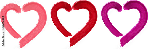 Heart shapes made of lipstick in three color options isolated on white background. Vector illustration.