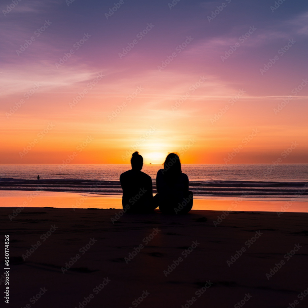 silhouette of a couple sitting on beach in the sand watching a beautiful sunset.