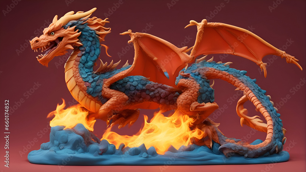 dragon with fire on a red background. 3d render illustration.