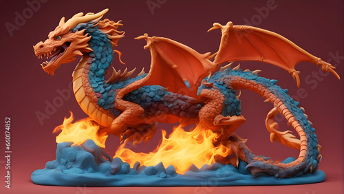 dragon with fire on a red background. 3d render illustration.