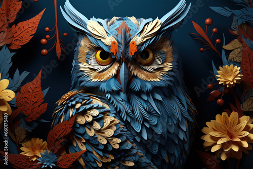 A captivating owl made from squares, lines, and intricate floral patterns