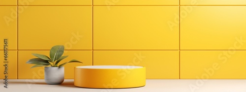 Kitchen background podium product display wall table empty 3d pedestal platform. Podium stand studio tile wood room background food kitchen wooden yellow light scene abstract floor stage modern base.