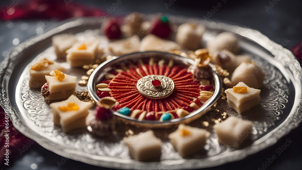 Indian sweets and candies on a silver plate. Selective focus.