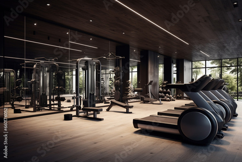 Contemporary minimal spotless fitness gym center interior © Brynjar