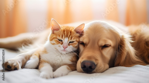 Peaceful Dog and Cat Snuggling Together on a Sofa - A Display of Pet Companionship and Domestic Bliss in a Cozy Home Setting © Mustafa