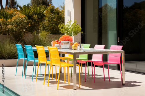 Contemporary outdoor dining area with a sleek metal table and colorful outdoor chairs