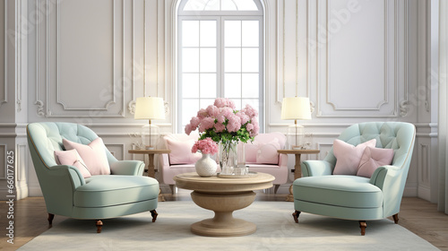 Pastel interior in classic style with soft armchairs and lamps © Brynjar