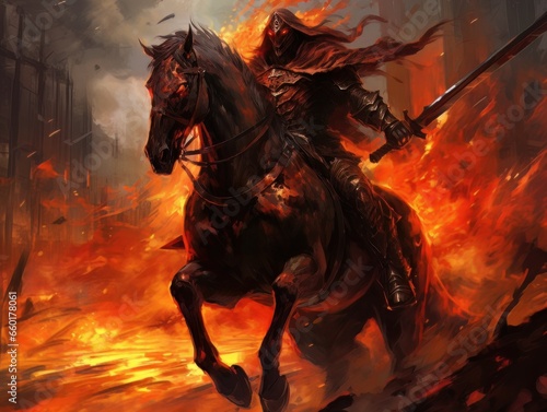 Horseman of the Apocalypse with a sword riding a black horse AI © Vitalii But