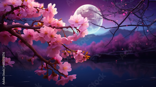 Romantic night scene - Beautiful pink flower blossom in night skies with full moon. sakura flower in night © Brynjar