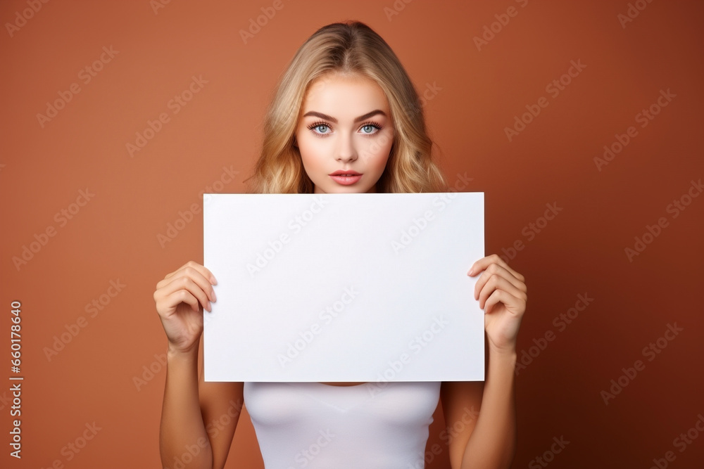 Blonde woman presenting a blank white card against a deep orange background Blonde woman presenting a blank white card against a deep orange background