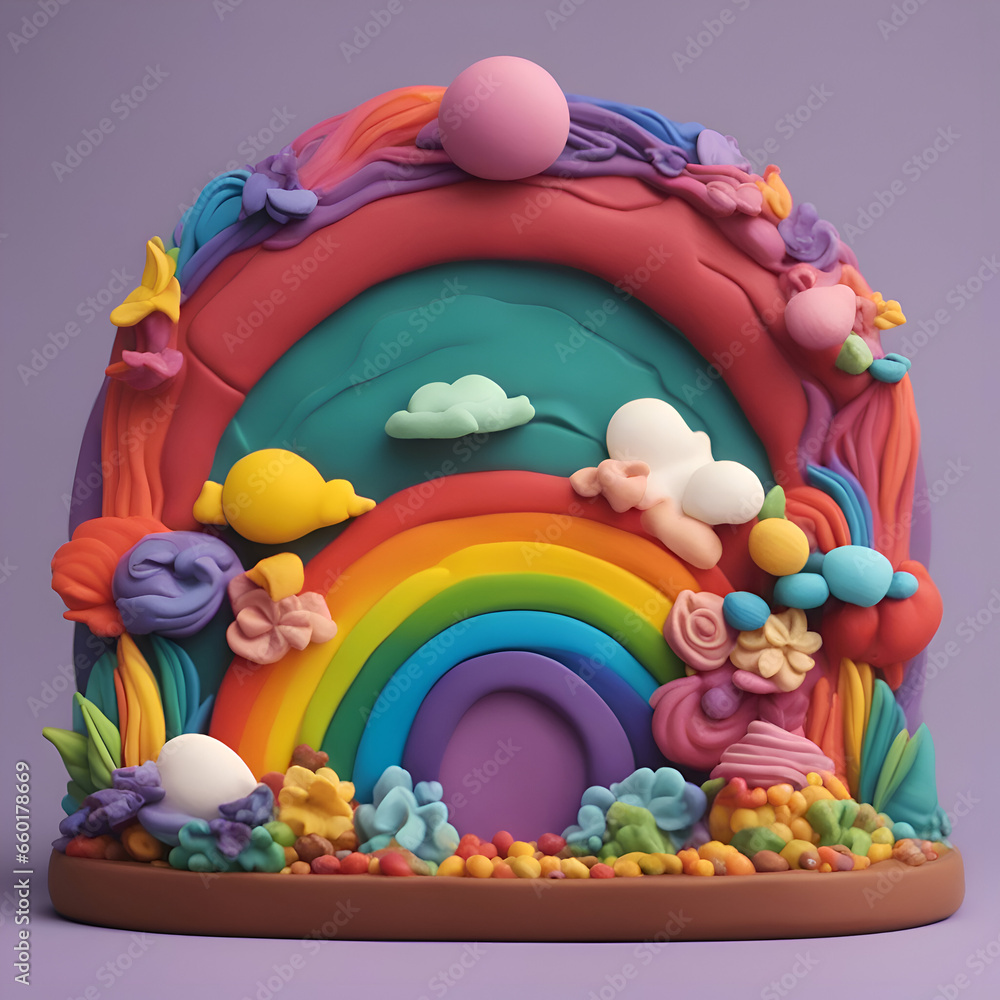 Rainbow cake with rainbow and donuts. 3d render.