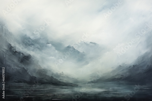 Abstract art - painting digital painting of a lake and mountains photo
