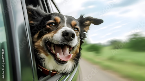 Small Dog Enjoying a Car Ride: Feeling the Wind with Head and Tongue Out - A Sense of Pet Adventure and Happiness on the Go