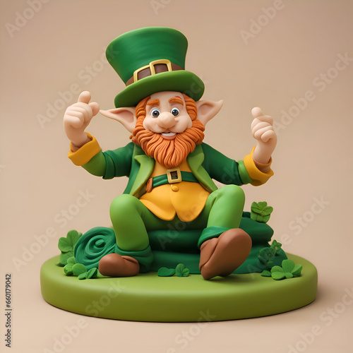 Leprechaun sitting on a green podium. 3d rendering