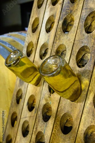 Visit of undergrounds caves with barrels, tanks, bottles on wooden racks, traditional making of champagne sparkling wine in Cote des Bar, Champagne, France photo