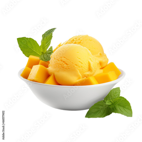 mango sorbet with mint isolated on white background, ai generated