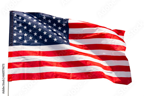 National flag of United States of America with red and white horizontal stripes and blue rectangle with fifty five-pointed stars fluttering in wind on flagpole. Isolated over white background