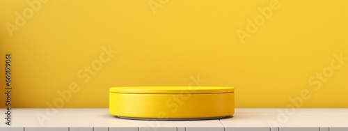 Kitchen background podium product display wall table empty 3d pedestal platform. Podium stand studio tile wood room background food kitchen wooden yellow light scene abstract floor stage modern base. photo