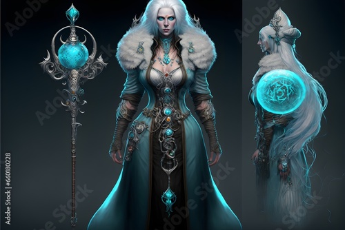 full portrait of a hyperdetailed wizard torso of a wizard woman perfect iceblue eyes frozen metallic hair full glossy lips close fitting stylish etched robe holding a ventablack frost etched staff  photo