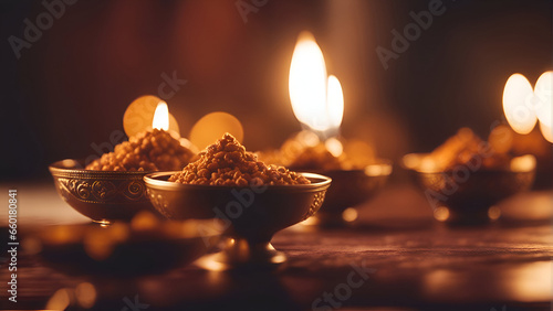 Diwali diya or dal in bowl with diya or oil lamp over moody background. selective focus photo