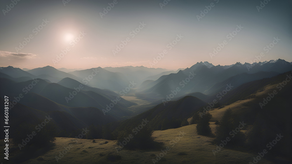 Beautiful sunset in the mountains. Panoramic view of the mountains.