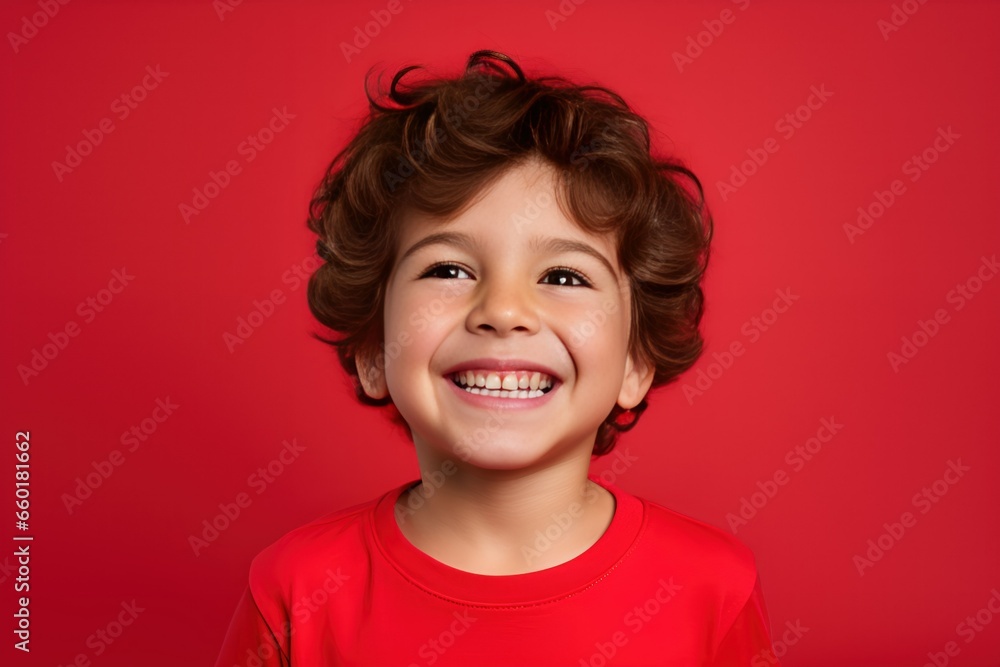 Portrait of a happy fictional young white child smiling. Isolated on a plain colored background. Generative AI. Portrait of a happy fictional young white child smiling. Isolated on a plain colored background. Generative AI.