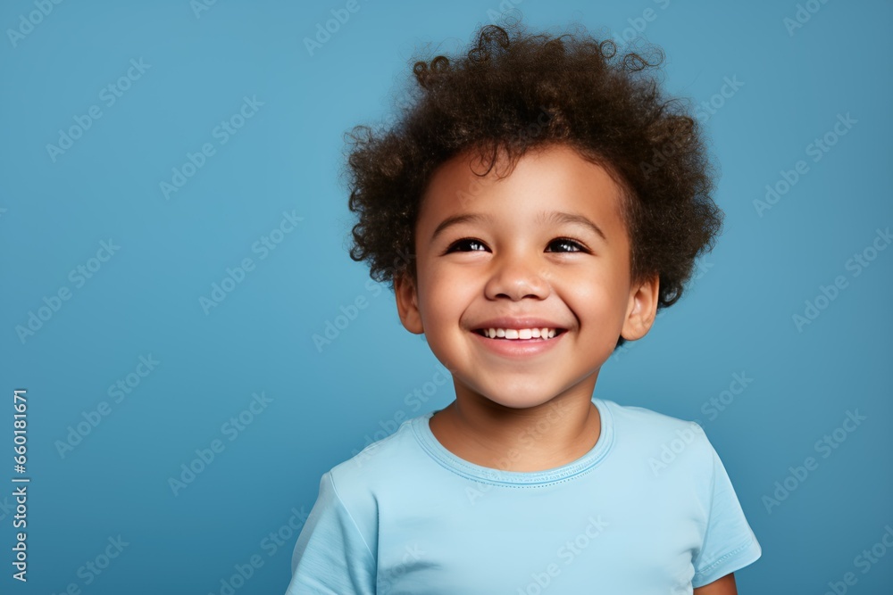 Portrait of a happy fictional young black child smiling. Isolated on a plain colored background. Generative AI. Portrait of a happy fictional young black child smiling. Isolated on a plain colored background. Generative AI.