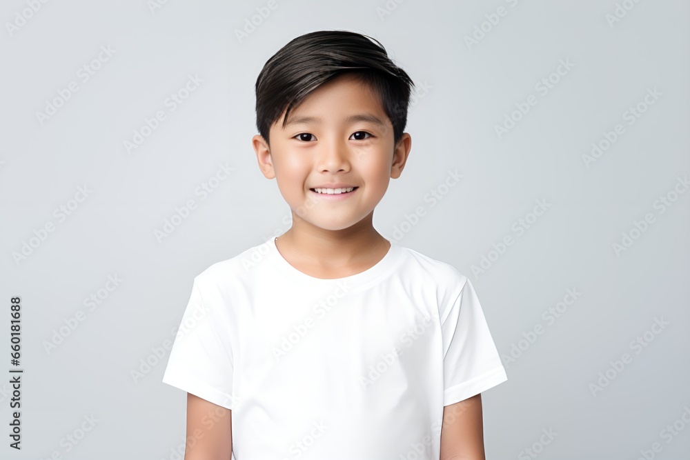 Portrait of a happy fictional young Asian child smiling. Isolated on a plain colored background. Generative AI. Portrait of a happy fictional young Asian child smiling. Isolated on a plain colored background. Generative AI.