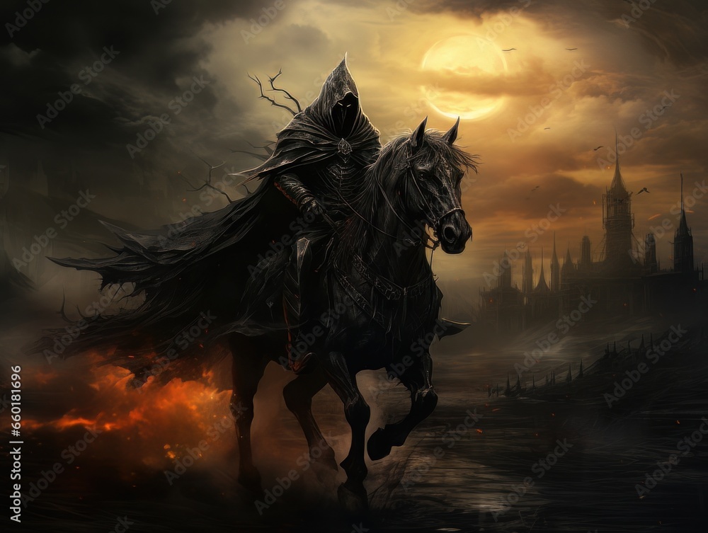 Black horseman of apocalypse riding black horse AI Black horseman of apocalypse riding black horse AI