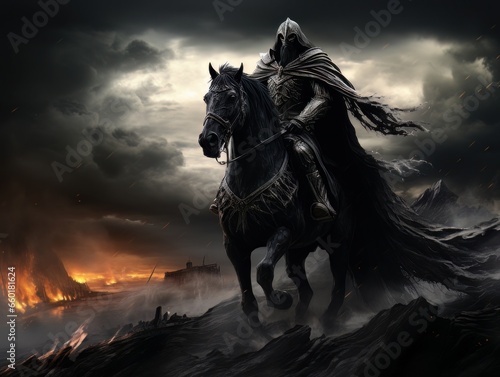 Black horseman of apocalypse riding black horse AI