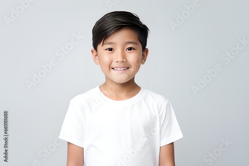 Portrait of a happy fictional young Asian child smiling. Isolated on a plain colored background. Generative AI.
