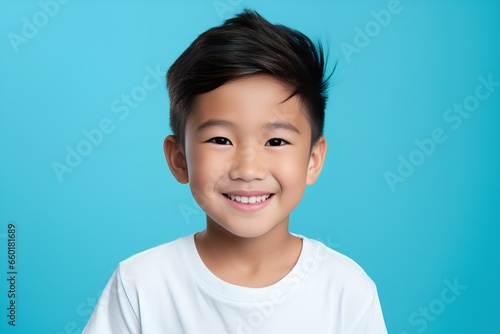 Portrait of a happy fictional young Asian kid smiling. Isolated on a plain colored background. Generative AI.