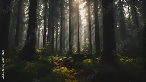 Foggy forest in the morning light. 3D illustration.