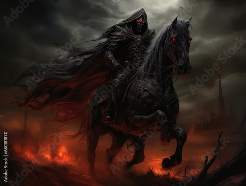 Black horseman of apocalypse riding black horse AI © Vitalii But