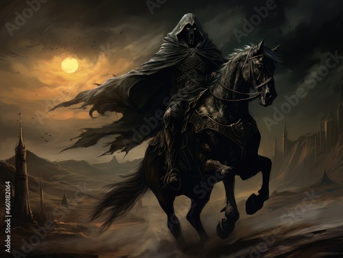 Black horseman of apocalypse riding black horse AI
