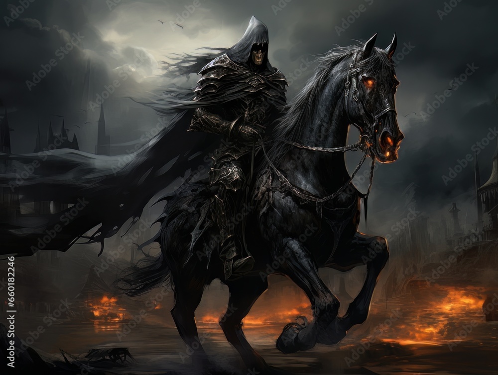 Black horseman of apocalypse riding black horse AI