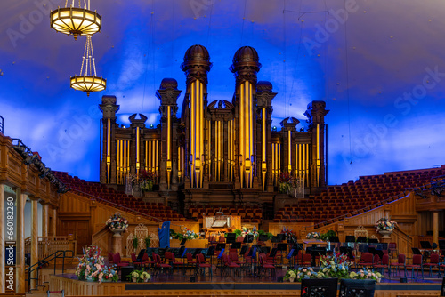 Interior view of Mormon Tabernacle on Temple Square in Salt Lake City, Utah, USA - May 15, 2023, home to the world-famous Mormon Tabernacle Choir and one of the largest organs in the world.