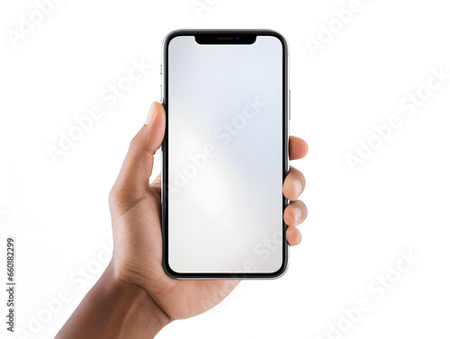 Phone mockup hand, blank white screen, black smartphone, screen website design, app for mobile phone, Isolated design element white background, white screen mockup. Generated by AI