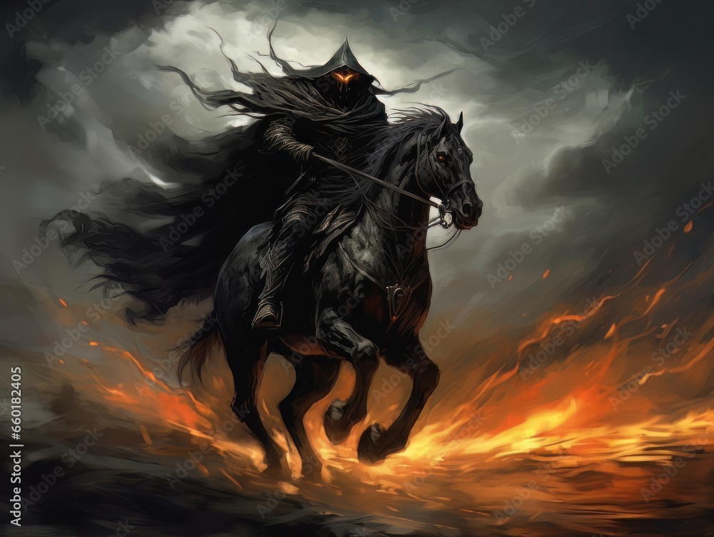 Black horseman of apocalypse riding black horse AI - obrazy, fototapety, plakaty 