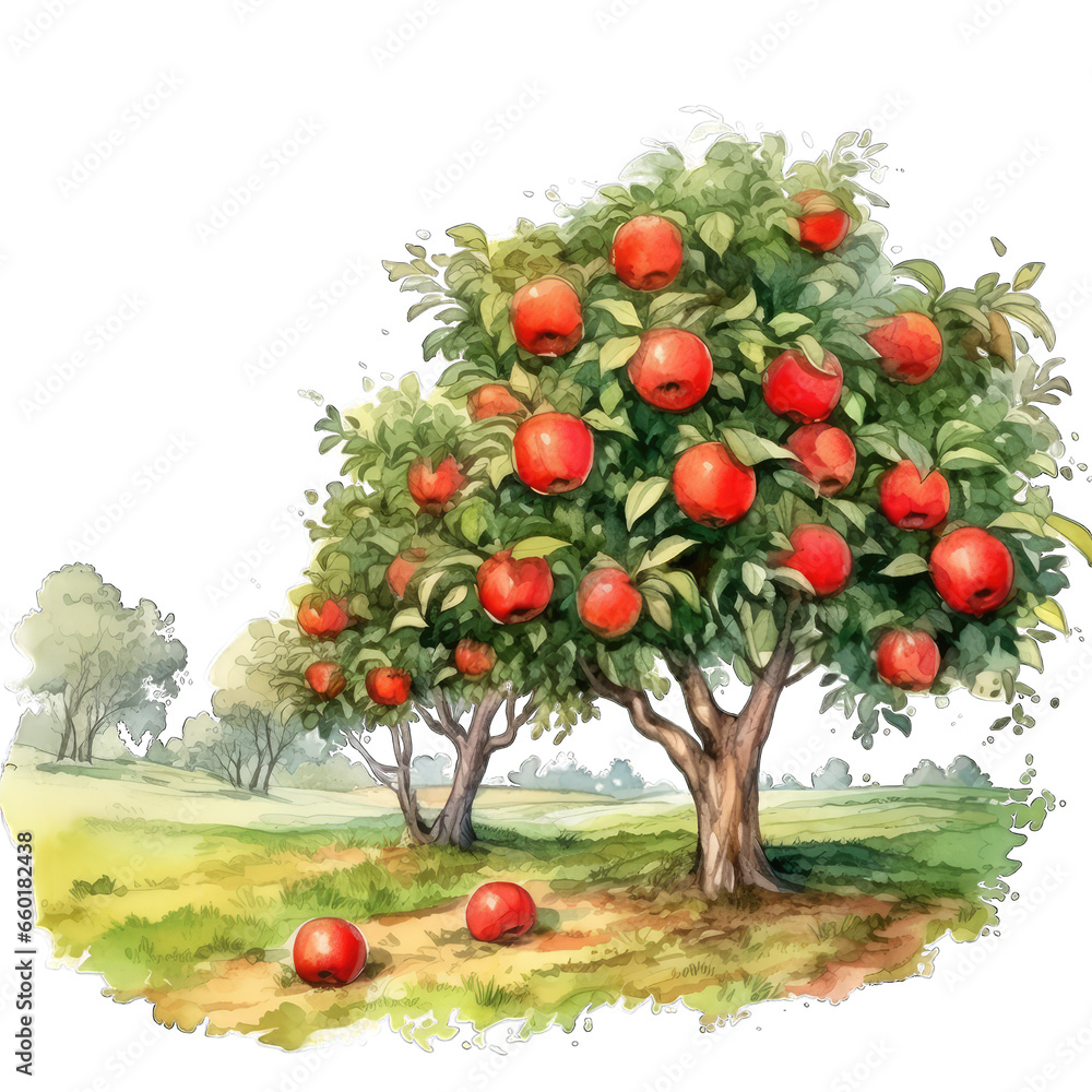 Apple tree, watercolor, isolated on white transparent background