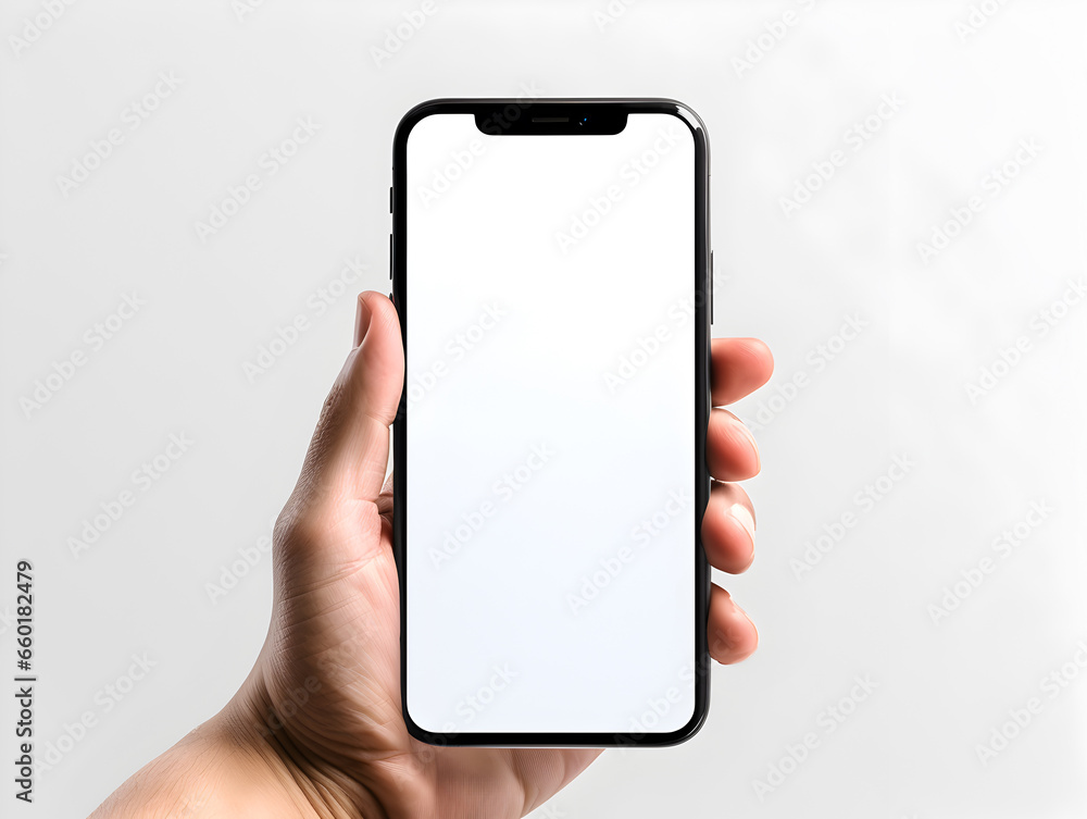 Phone mockup hand, blank white screen, black smartphone, screen website design, app for mobile phone, Isolated design element white background, white screen mockup. Generated by AI Phone mockup hand, blank white screen, black smartphone, screen website design, app for mobile phone, Isolated design element white background, white screen mockup. Generated by AI
