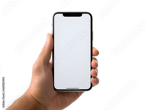 Phone mockup hand, blank white screen, black smartphone, screen website design, app for mobile phone, Isolated design element white background, white screen mockup. Generated by AI