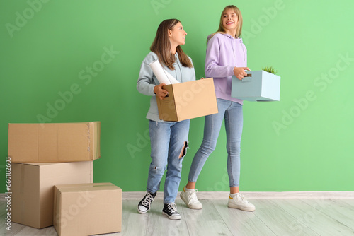 Female students with moving...