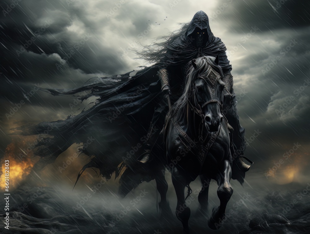 Black horseman of apocalypse riding black horse AI Black horseman of apocalypse riding black horse AI