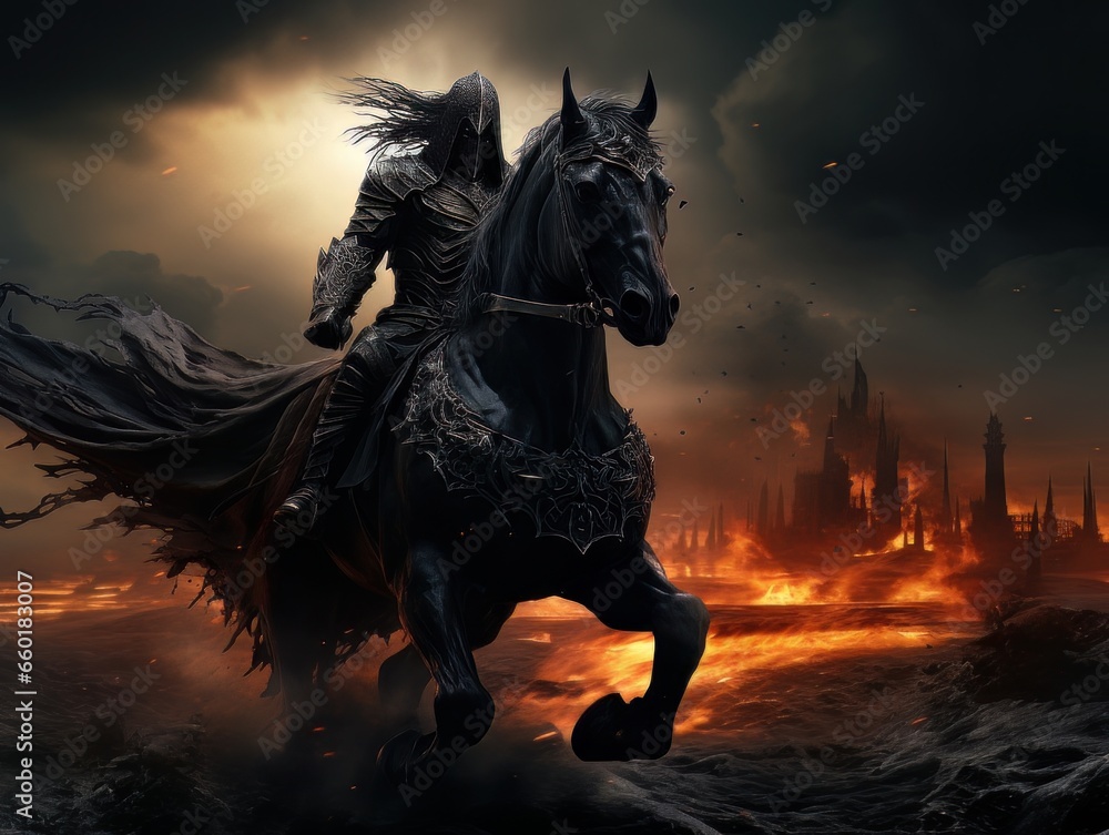 Black horseman of apocalypse riding black horse AI Black horseman of apocalypse riding black horse AI