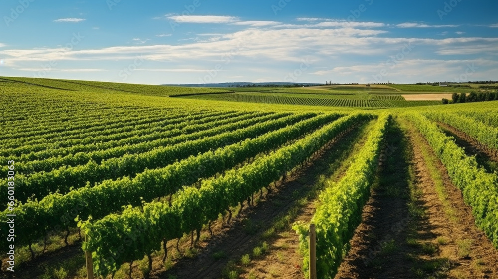 A lush green field filled with neatly arranged rows of ripe vines ready for harvesting.