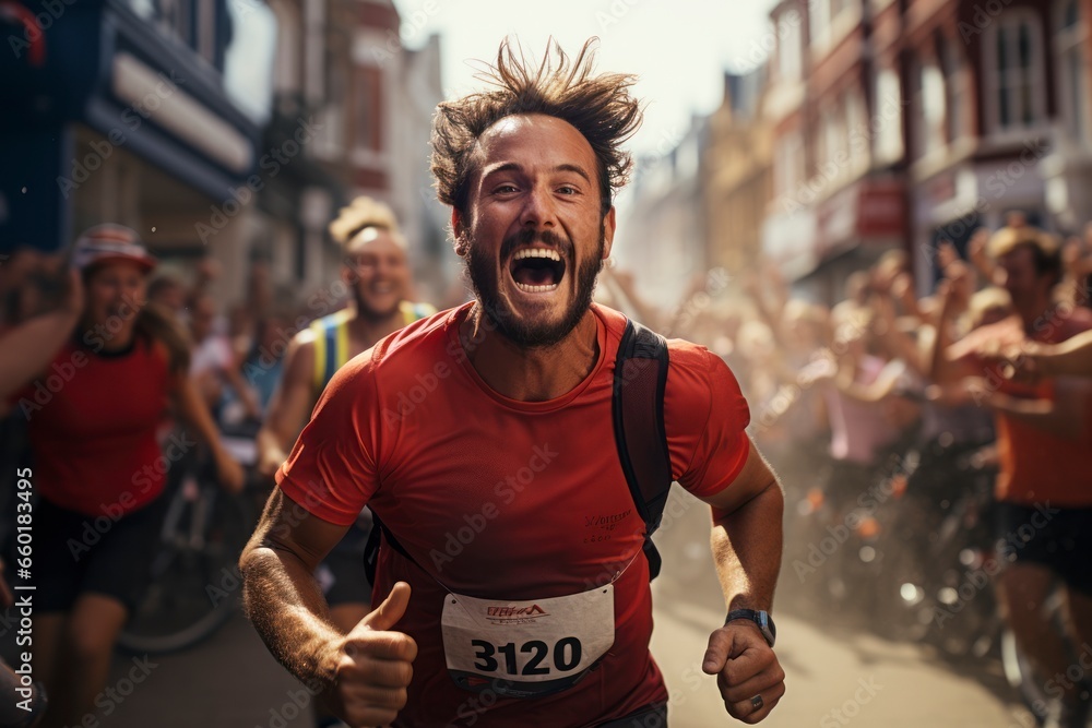A dynamic sports photograph capturing the exhilaration and determination of an athlete crossing the finish line, showcasing the thrill of achievement - obrazy, fototapety, plakaty 