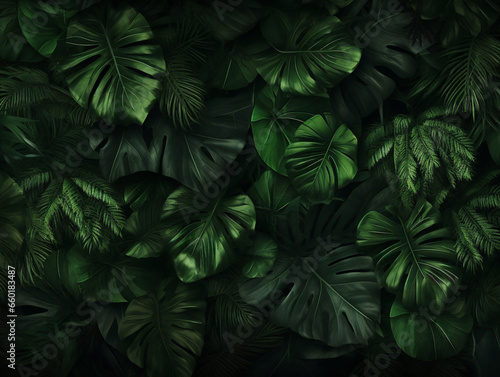 A vibrant group of dark green tropical leaves set against a calming background. ..