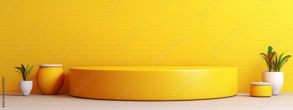 Kitchen background podium product display wall table empty 3d pedestal platform. Podium stand studio tile wood room background food kitchen wooden yellow light scene abstract floor stage modern base. - obrazy, fototapety, plakaty 