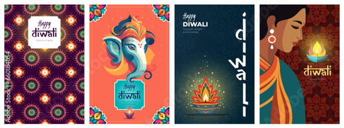 Indian holiday Happy Diwali poster. Deepavali or Dipavali India festival of lights print. Hindu celebration placard with diya oil lamp, elephant Ganesha and floral pattern. Creative art modern designs